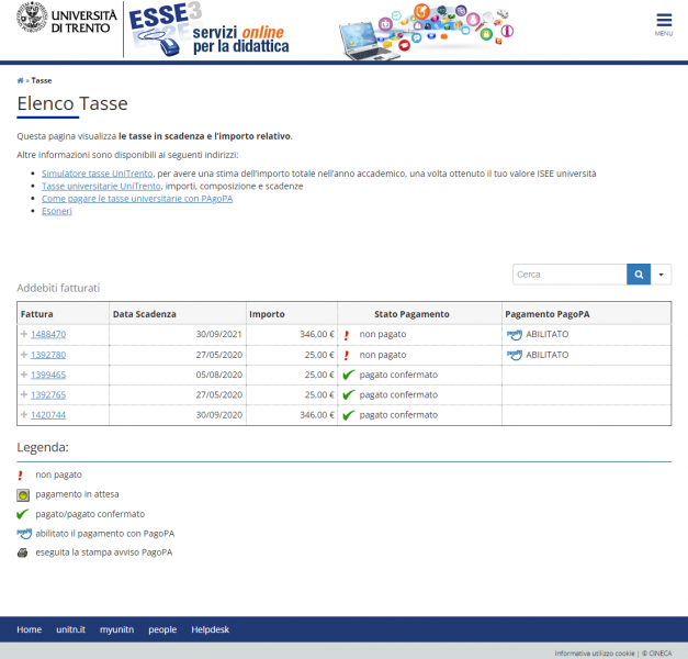 Screenshot della pagina Elenco Tasse di Esse3 UniTrento