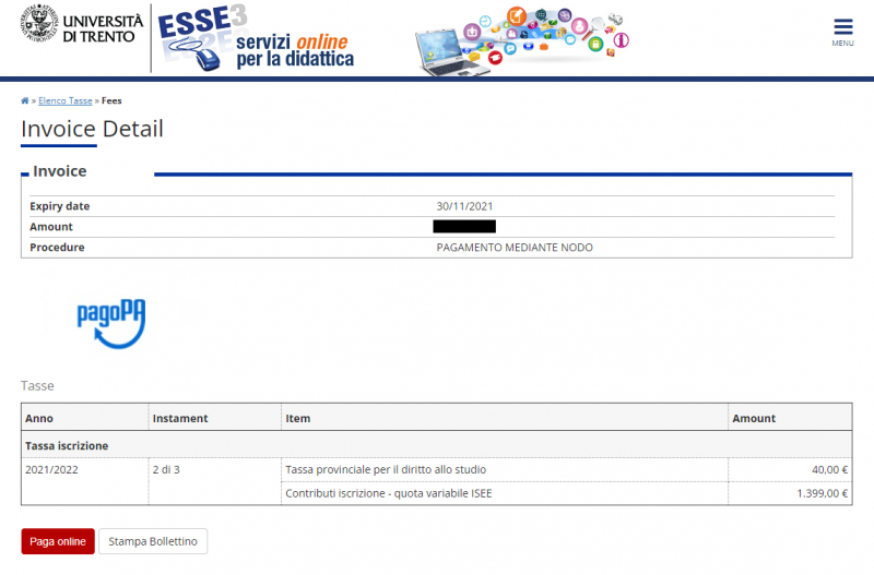 Screenshot Invoice Detail in Esse3 Systema