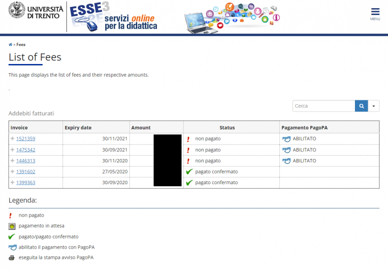 Screenshot of List of Fees in Esse3 System